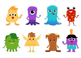 Cute cartoon baby monster set isolated on white background
