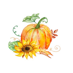 watercolor autumn composition with orange pumpkin