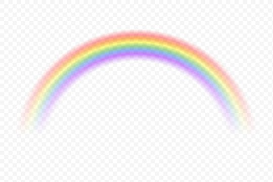 Realistic rainbow sky. Vector magic spectrum color after rain on transparent background. Fantasy summer decorative element