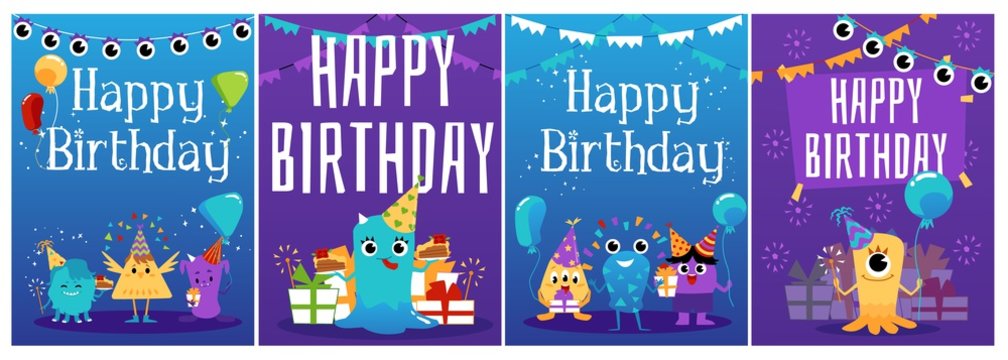 Set of birthday greeting cards with cartoon monsters, flat vector illustration.