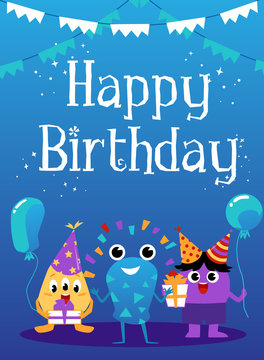 Cute little monsters or funny aliens - birthday card flat vector illustration.