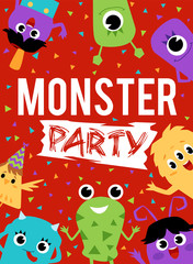 Monster party poster with aliens on red background, flat vector illustration.