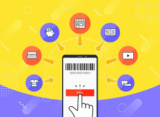 Online shopping platform: offline to online service, mobile in retail, e commerce infographics, editable stroke vector illustration