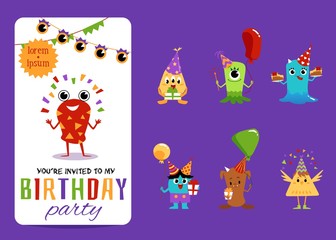 Birthday party invitation card and monsters set vector illustration isolated.