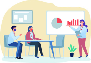 Workers with medical mask are meeting in the office while keeping their distance