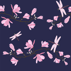 Seamless vector illustration with pink magnolia and dragonfly flowers