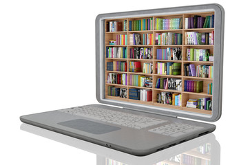 Libreria, con tanti libri, all'interno di computer portatile. Ebook, libri elettronici, in download disponibili su dispositivo informatico portatile.. © massimo_g