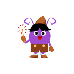 Cute purple cartoon monster in brown pilgrim costume holding a sparkler