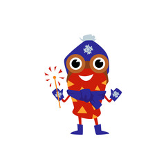 Cartoon Christmas party monster in winter hat flat vector illustration isolated.