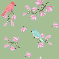 Seamless vector illustration with pink magnolia flowers and birds