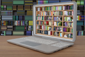 Libreria, con tanti libri, all'interno di computer portatile. Ebook, libri elettronici, in download disponibili su dispositivo informatico portatile..