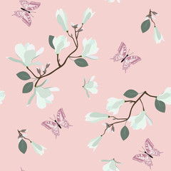 Seamless vector illustration with white magnolia flowers and butterfly.