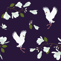 Seamless vector illustration with white magnolia flowers and birds