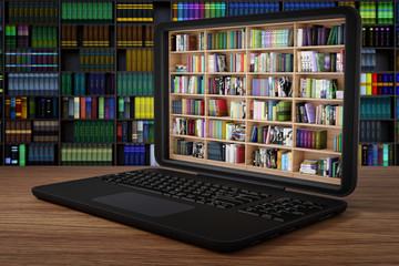 Libreria, con tanti libri, all'interno di computer portatile. Ebook, libri elettronici, in download disponibili su dispositivo informatico portatile.. © massimo_g