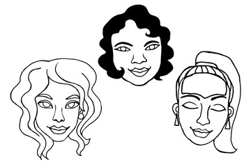Set of Outline people faces . Hand drawn heads of a man, woman, kid, boy or girl in the style of a Doodle, isolated on a white background. Different and beautiful