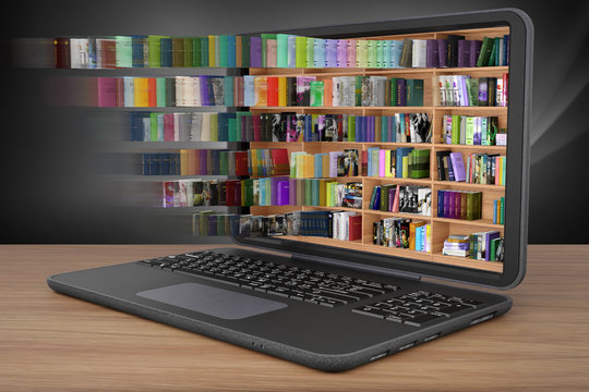 Libreria, con tanti libri, all'interno di computer portatile. Ebook, libri elettronici, in download disponibili su dispositivo informatico portatile..