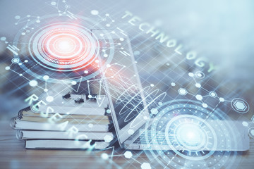 Double exposure of computer and technology theme hud. Concept of innovation.