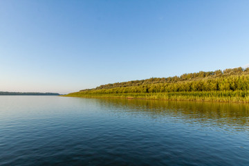 Siberian River Ob surrounded by Trees in Early morning in Russia in sunny weather during summer