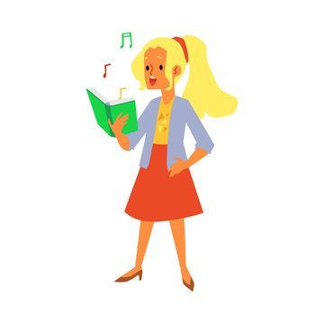 Cartoon girl singing while looking at book with musical notes