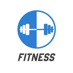 Concepto gimnasio. Logotipo Fitness con mancuerna en círculo en gris y azul