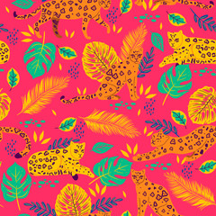 Obraz premium Seamless pattern with tropical leaves and leopards.Vector graphics.