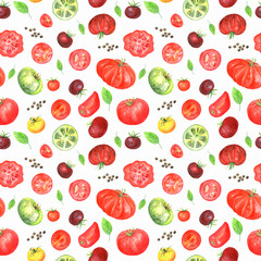 Seamless pattern with delicious sweet,  red and green tomatoes on a white background.
 Stock illustration hand painted in watercolor.