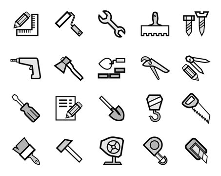 Construction and repair, icons, set, gray. Grey icons with a black outline. Vector.  