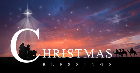 Christmas nativity scene of baby Jesus in the manger with Joseph, Mary and 3 wise men