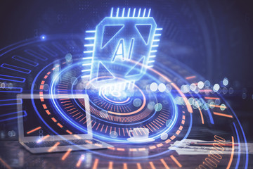 Double exposure of computer and technology theme drawing. Concept of innovation.