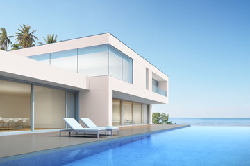 3d render of beach house with swimming pool on sea background, Modern exterior.
