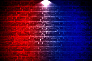 Abstract image of Studio dark room with lighting effect red and blue on black brick wall gradient background for interior decoration.