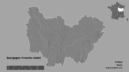 Bourgogne-Franche-Comté, region of France, zoomed. Bilevel