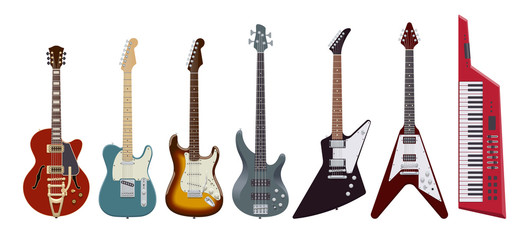 Guitar set. Realistic electric guitars on white background. Musical Instruments. Vector illustration. - obrazy, fototapety, plakaty
