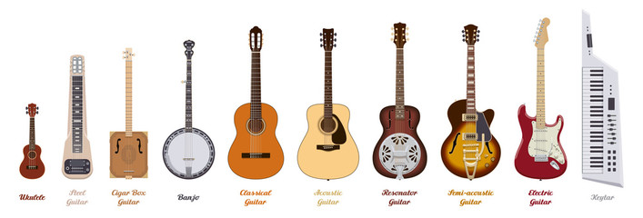 Guitar set. Realistic guitars of different types on white background. Musical Instruments. Vector illustration. - obrazy, fototapety, plakaty
