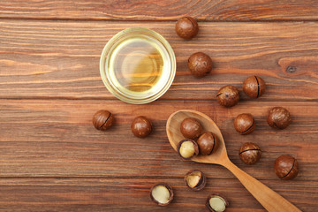 macadamia oil on the table. Minimalism, place for text
