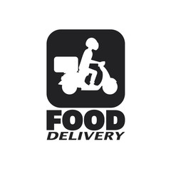 Food delivery logo with bike in square. Sign and text of logo AI illustration.