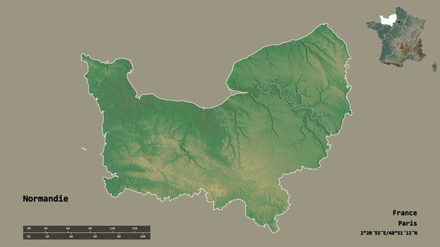 Normandie, region of France, zoomed. Relief