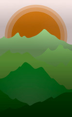 Green mountains and orange sun abstract illustration. Simple AI illustration landscape.