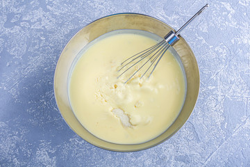 Step by step recipe. Cooking lemon pie or semolina cake. Step 3 Pour dairy product yogurt into semolina and leave for half an hour. Homemade food concept.