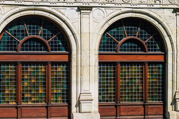 View of the facade of a historical building located in Reims, a city in the Grand Est region of...