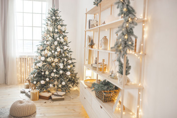 Christmas tree background. Closeup still of spurs with handmade decor. New year interior