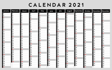 Calendar 2021, daily event planner, vector color illustration
