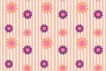 Tender sunflower seamless pattern in romantic palette. Cute flowers with white stripes on backdrop. Hand drawn illustration for fabric, cover, wallpaper, wrapping paper, background, calendar. EPS 10