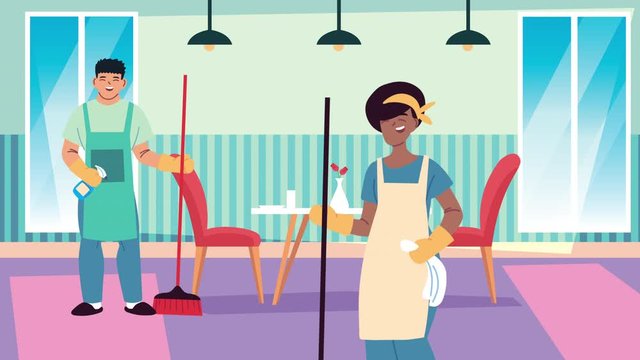 interracial couple cleaning workers with broom in the house