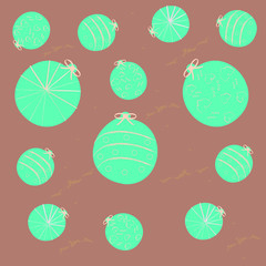 Christmas ornamental. New year elements. Soft turquoise balls at the brown backdrop. Image for wallpaper, background, textile, design and postcard. Vector illustration.