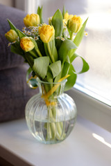 Beautiful bouquet of flowers: yellow tulip, daffodils, chamomile. colorful spring flowers background. Blooming flowers concept. Happy mother's day