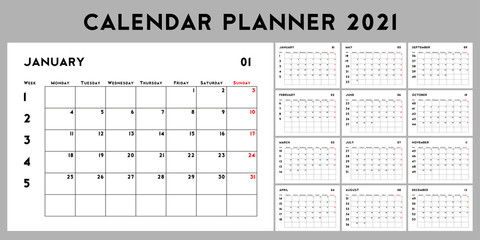 2021 calendar planner with week numbers, basic design template. The week starts on Monday. Set of 12 months, vector illustration EPS 10