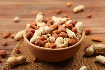 A set of different nuts on the table.
