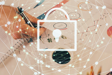 Human hands writing. With double exposure drawings.