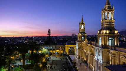Town square and cathedral in Arequipa at sunset